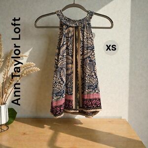 LOFT Blue and Beige Patterned Halter Top